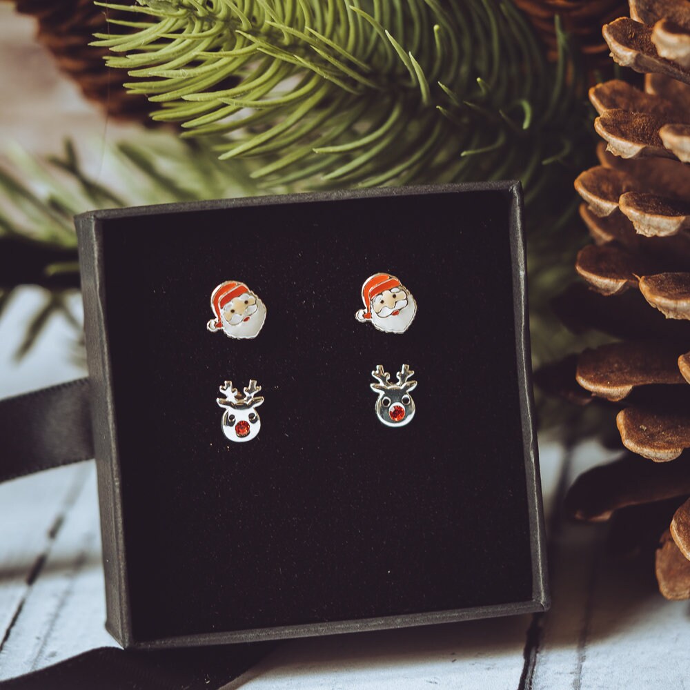 Sterling Silver reindeer Christmas earrings studs 925 present gift stag for her novelty xmas for her friend mum deer jewellery festive