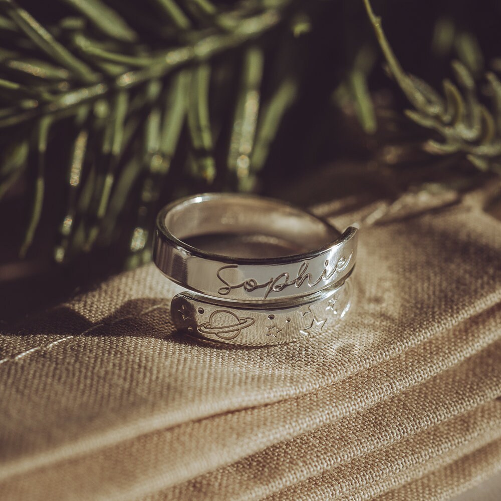 Space Theme Personalised Sterling Silver Adjustable Wrap Ring