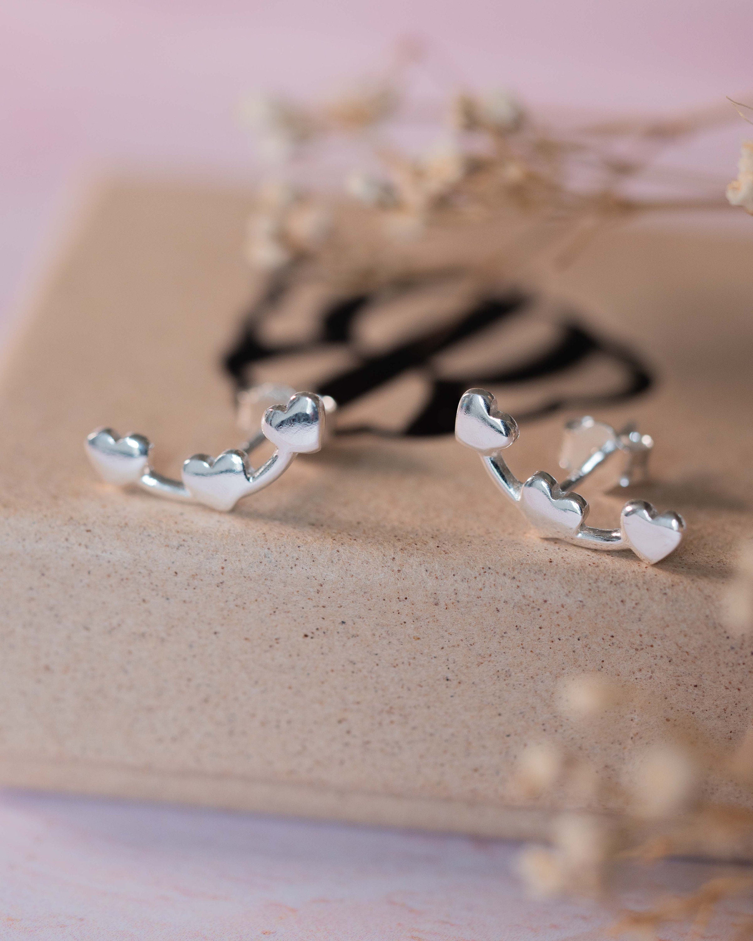 Valentines Sterling Silver Heart creeper earrings crawler climber studs .925 present gift birthday for her dainty jewellery love fashion mum