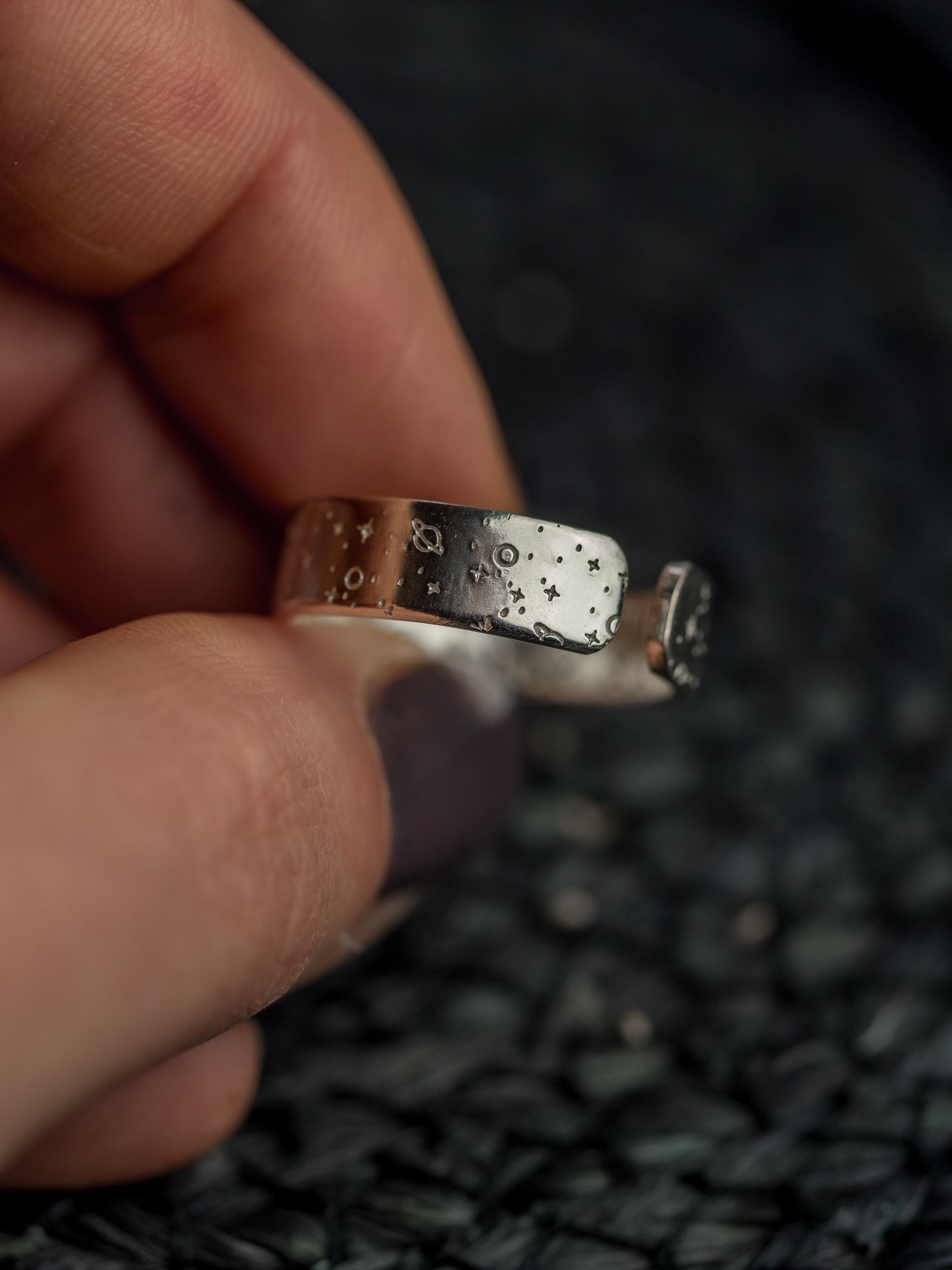 Men’s space themed personalised sterling silver adjustable ring Valentine’s Day birthday gift anniversary for him partner solar system stars