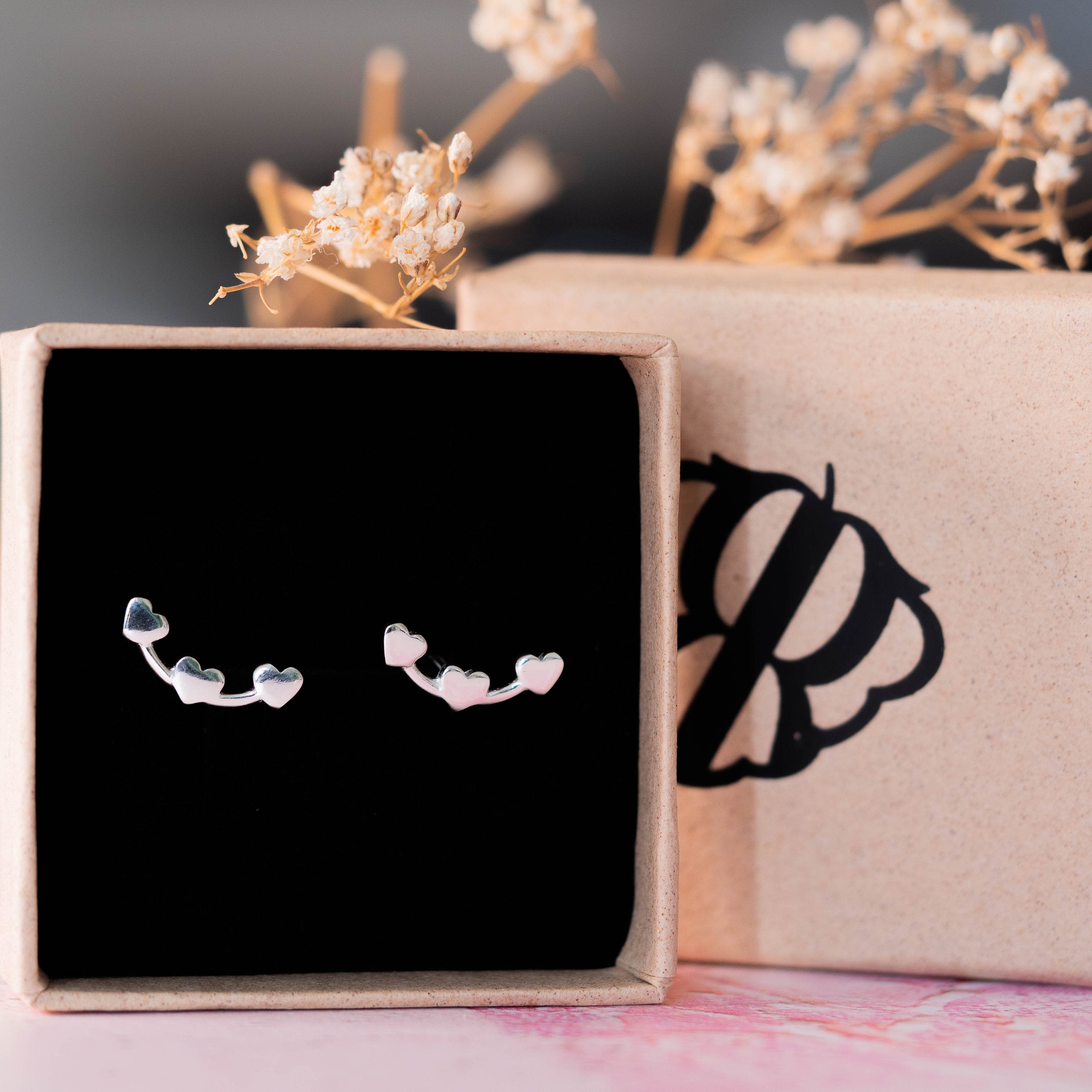 Valentines Sterling Silver Heart creeper earrings crawler climber studs .925 present gift birthday for her dainty jewellery love fashion mum