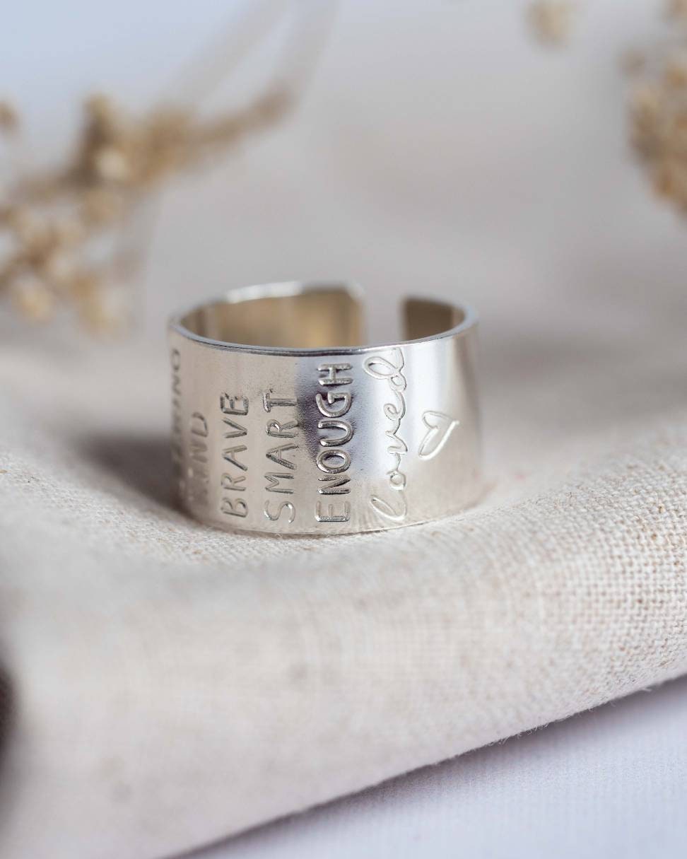 I am brave kind strong enough Sterling Silver adjustable open ring