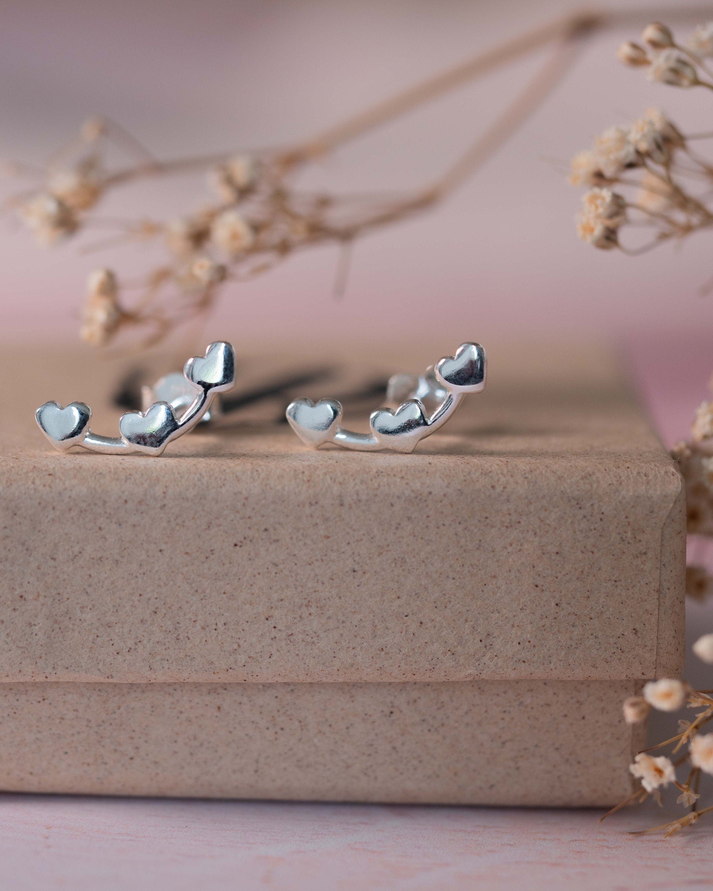 Valentines Sterling Silver Heart creeper earrings crawler climber studs .925 present gift birthday for her dainty jewellery love fashion mum