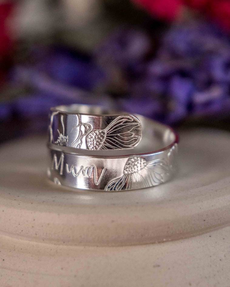 Mum Floral Design Sterling Silver Adjustable Wrap Ring