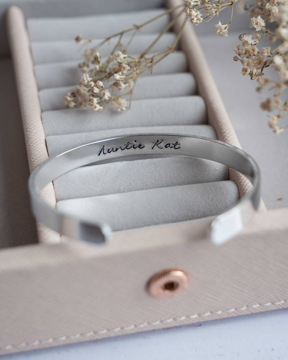 Secret message Auntie bracelet.... Aunt Aunty stamped hand baby personalised children kids names sister friend special hidden bangle cuff