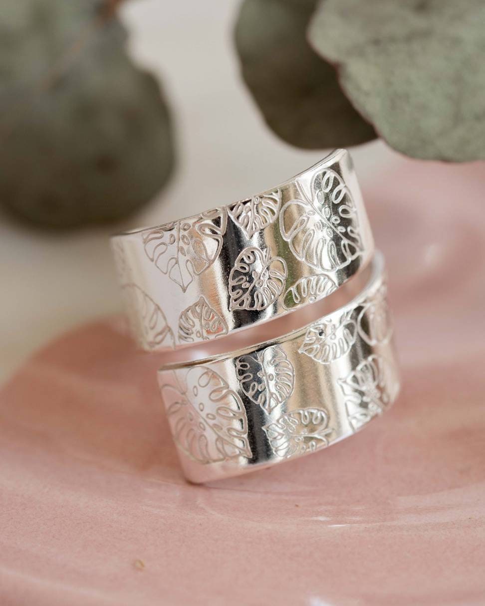Monstera leaf Sterling Silver Chunky adjustable wrap ring