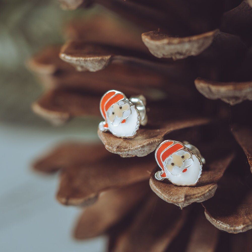 Sterling Silver enamal Santa Studs Christmas earrings 925 present gift for her novelty xmas for her friend mum festive father christmas