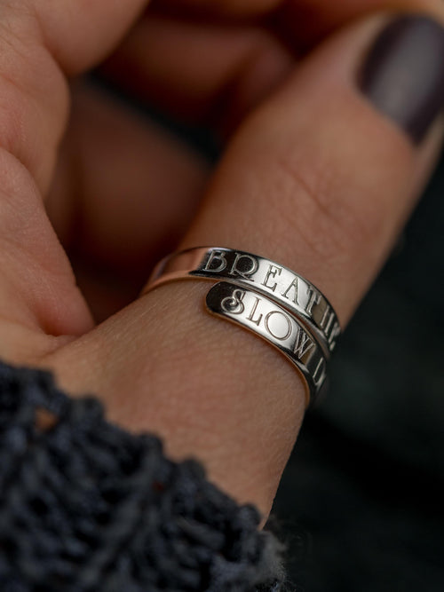 BREATHE SLOW DOWN & Let go adjustable sterling silver wrap ring