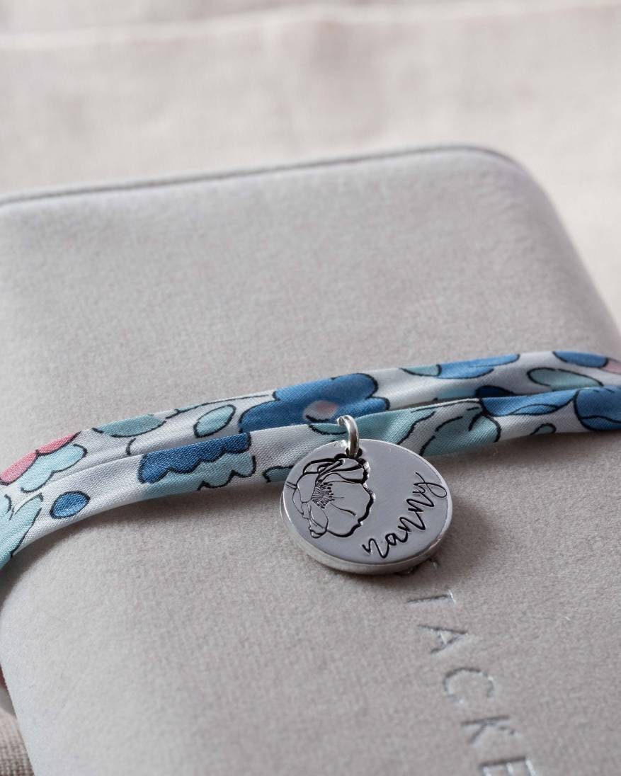 Liberty Of London Bracelet Nanny Nana Grandma Mummy personalised name customised stamped name floral fabric mothers day birthday gift wrap