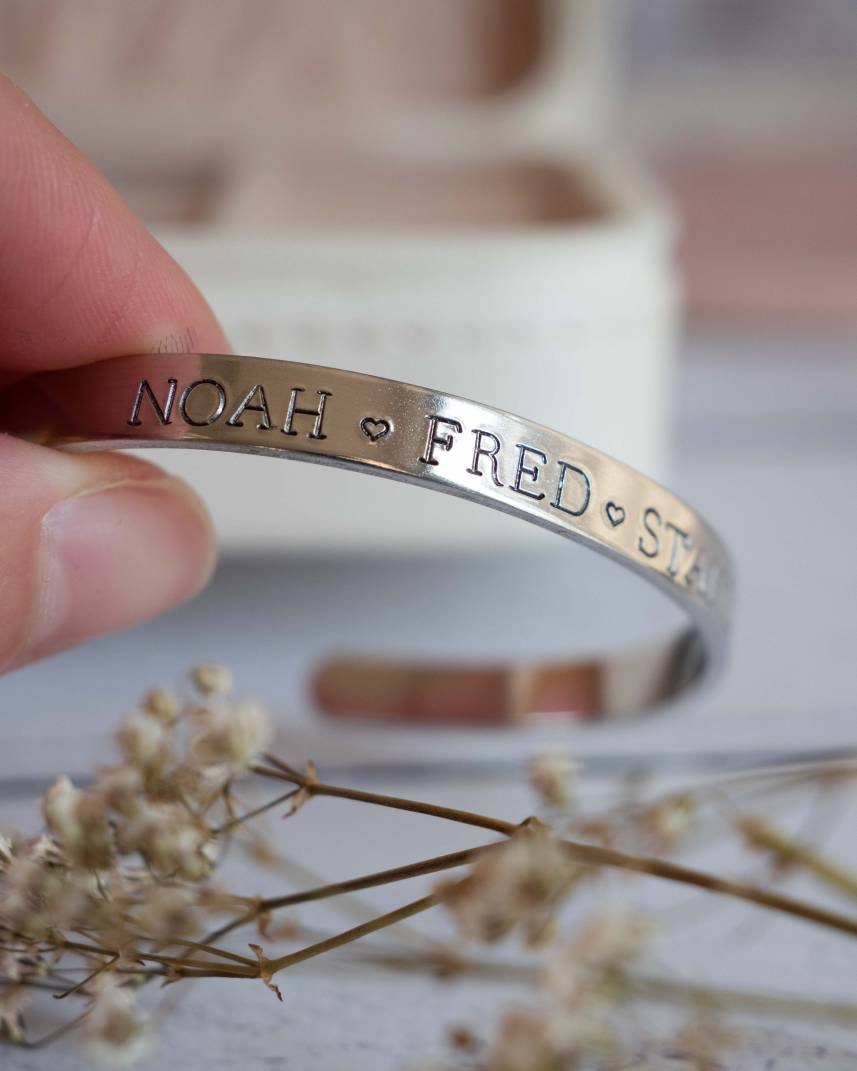 Custom cuff bracelet Personalised with your own words gift present bangle silver adjustable ladies for her mum Mother’s Day birthday names