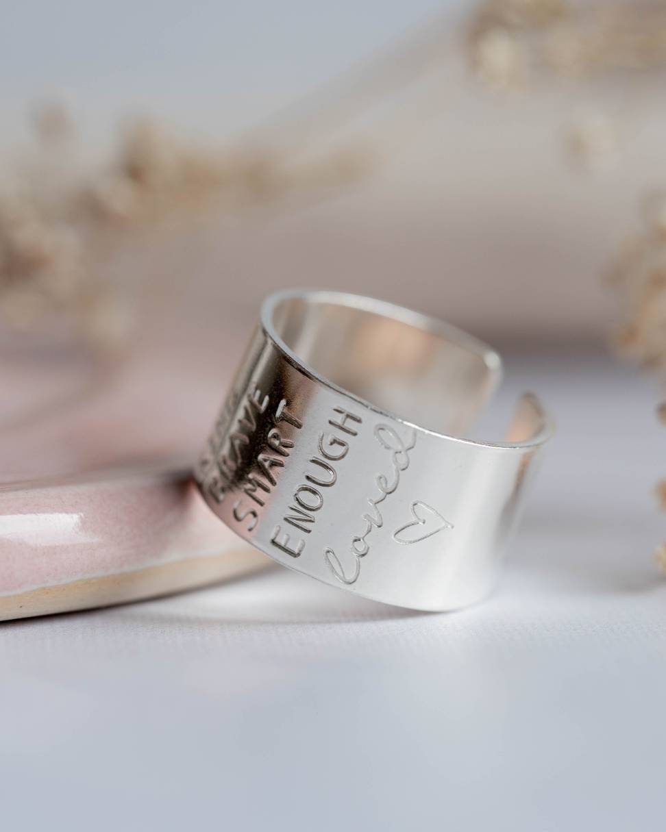 I am brave kind strong enough Sterling Silver adjustable open ring