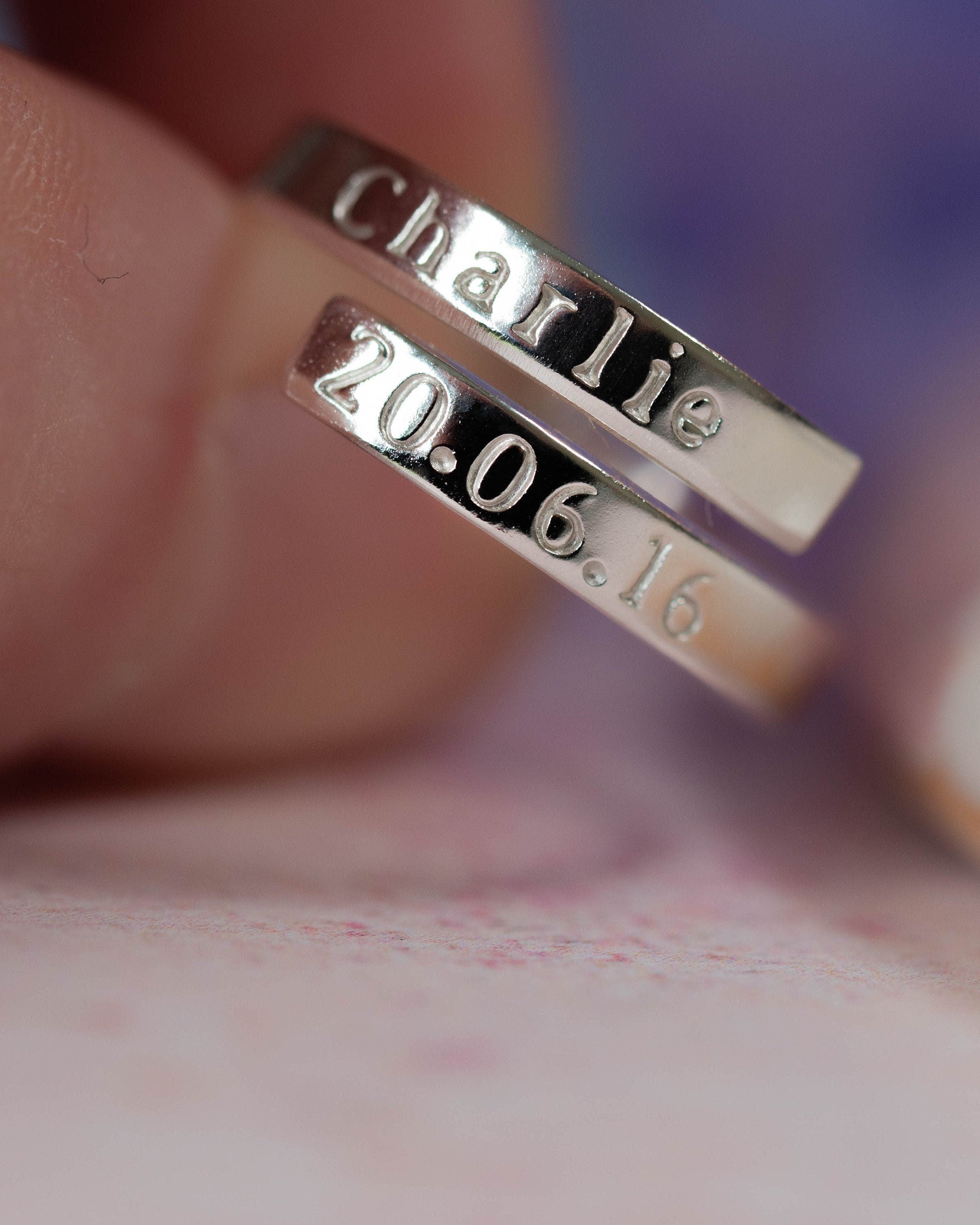 Custom Name & Date Sterling Silver Dainty Adjustable Wrap Ring