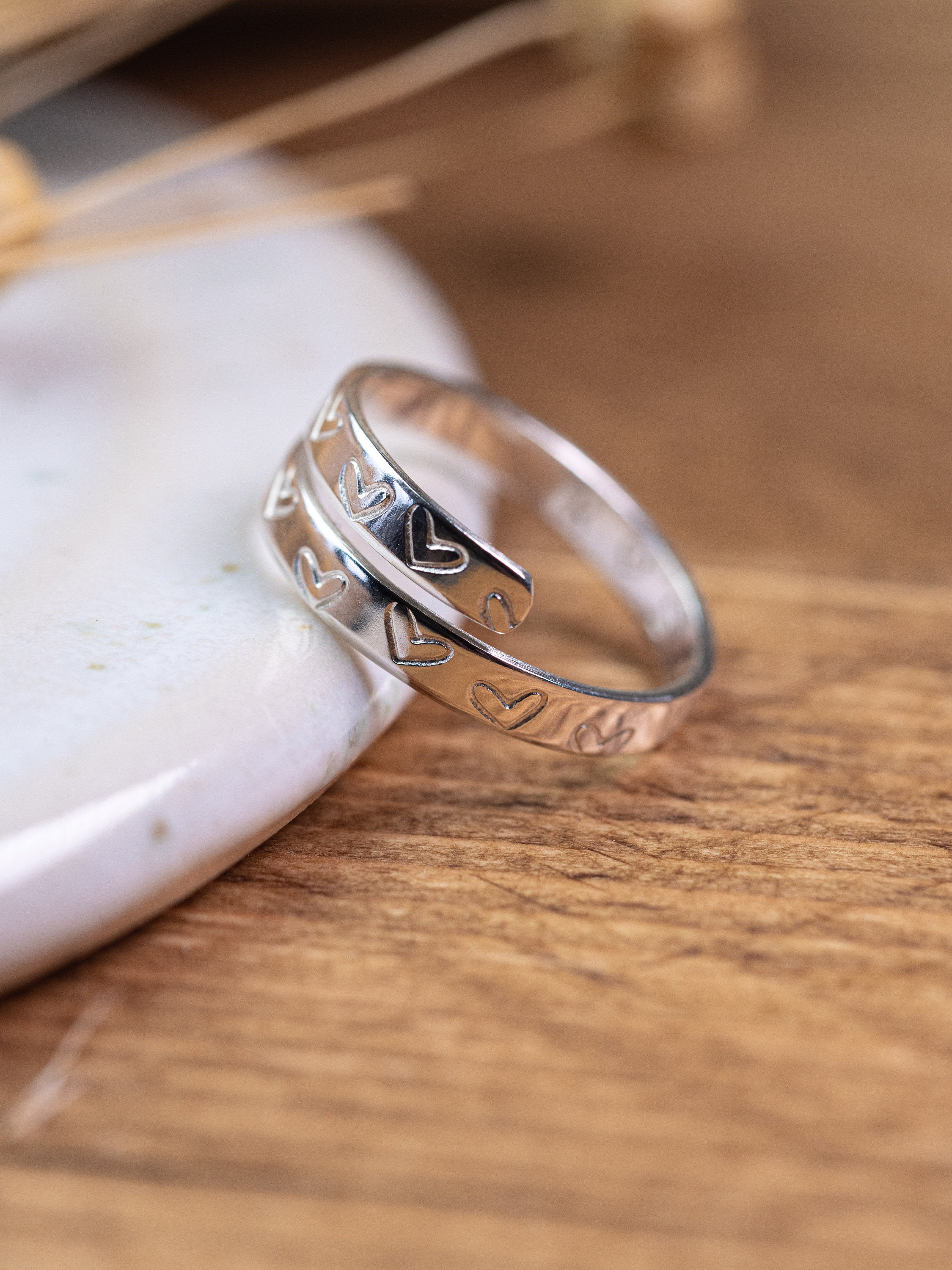 Heart Pattern Secret Message Sterling Silver Adjustable Wrap Ring