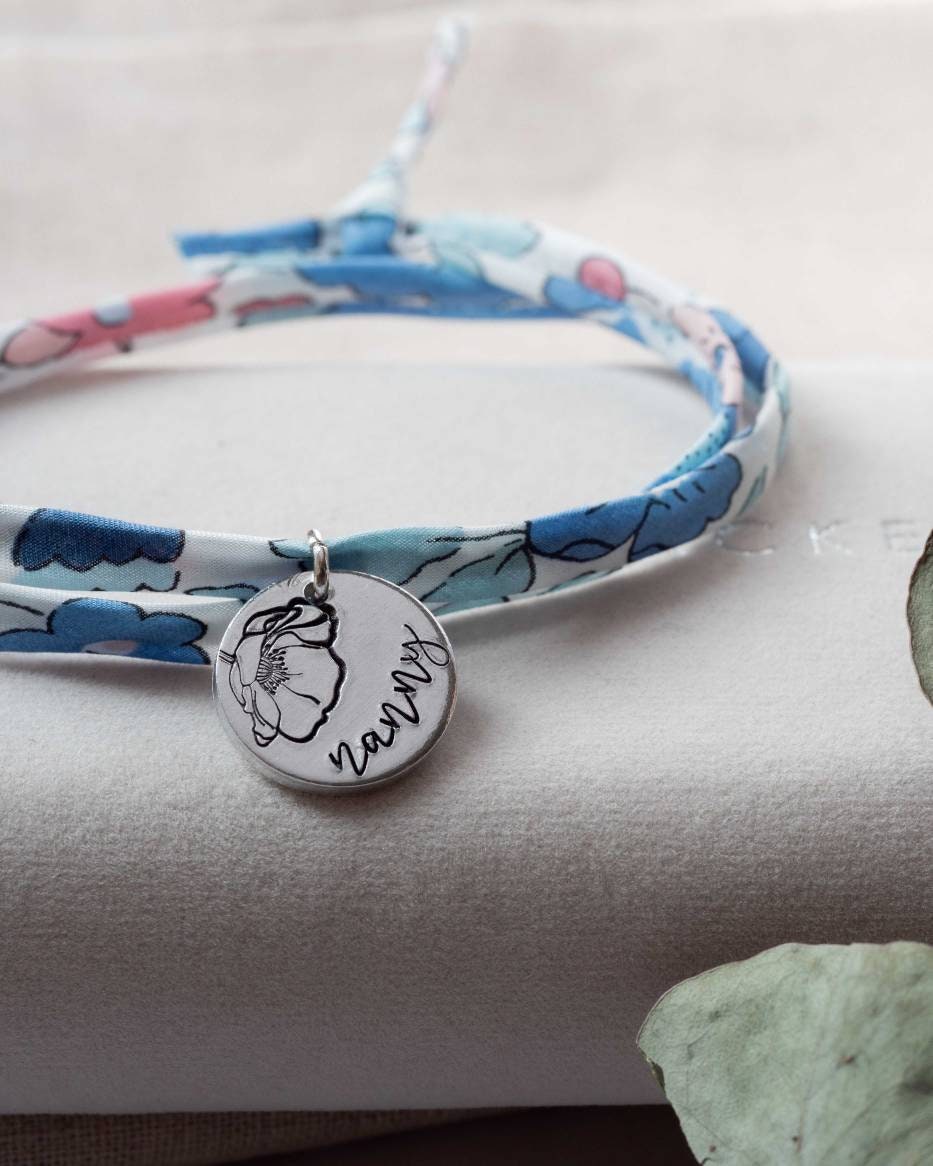 Liberty Of London Bracelet Nanny Nana Grandma Mummy personalised name customised stamped name floral fabric mothers day birthday gift wrap