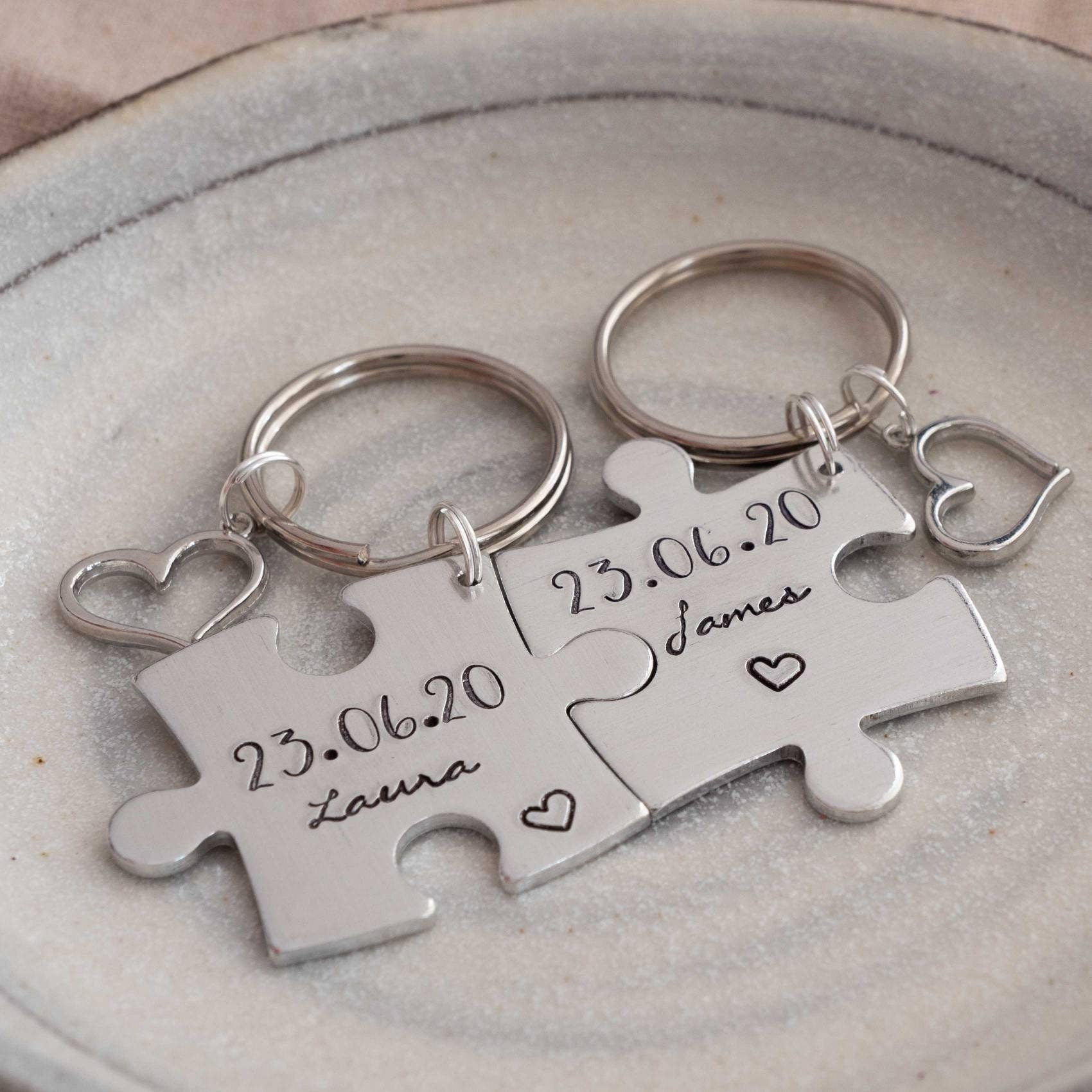 Puzzle piece keyring set dates names Valentines day couples anniversary wedding gift present boyfriend girlfriend for him birthday jigsaw