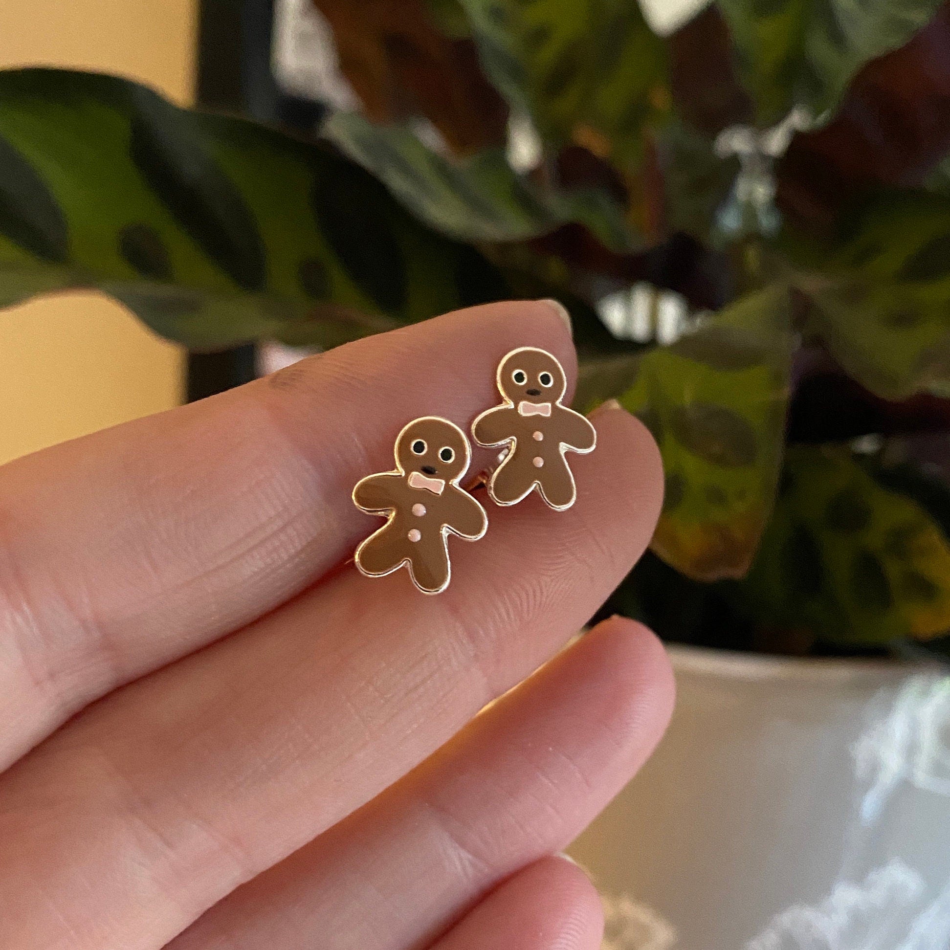 Sterling Silver enamal Gingerbread man studs Christmas earrings 925 present gift for her novelty xmas for her friend mum festive