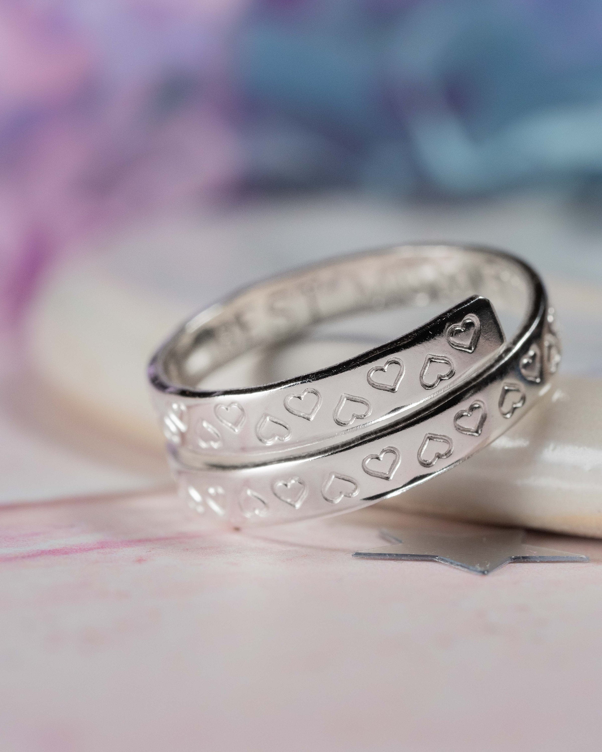 Heart Pattern Secret Message Sterling Silver Adjustable Wrap Ring