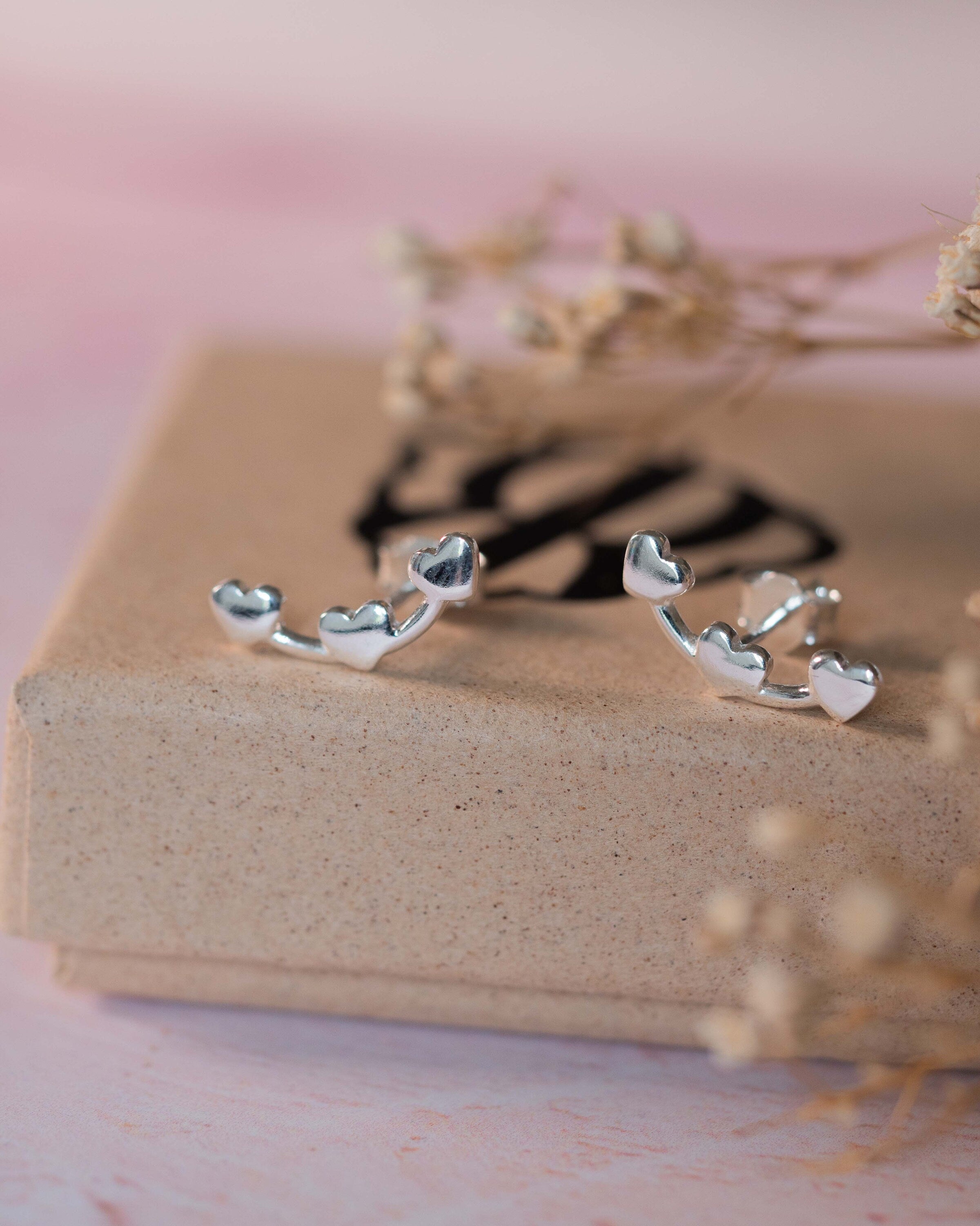 Valentines Sterling Silver Heart creeper earrings crawler climber studs .925 present gift birthday for her dainty jewellery love fashion mum