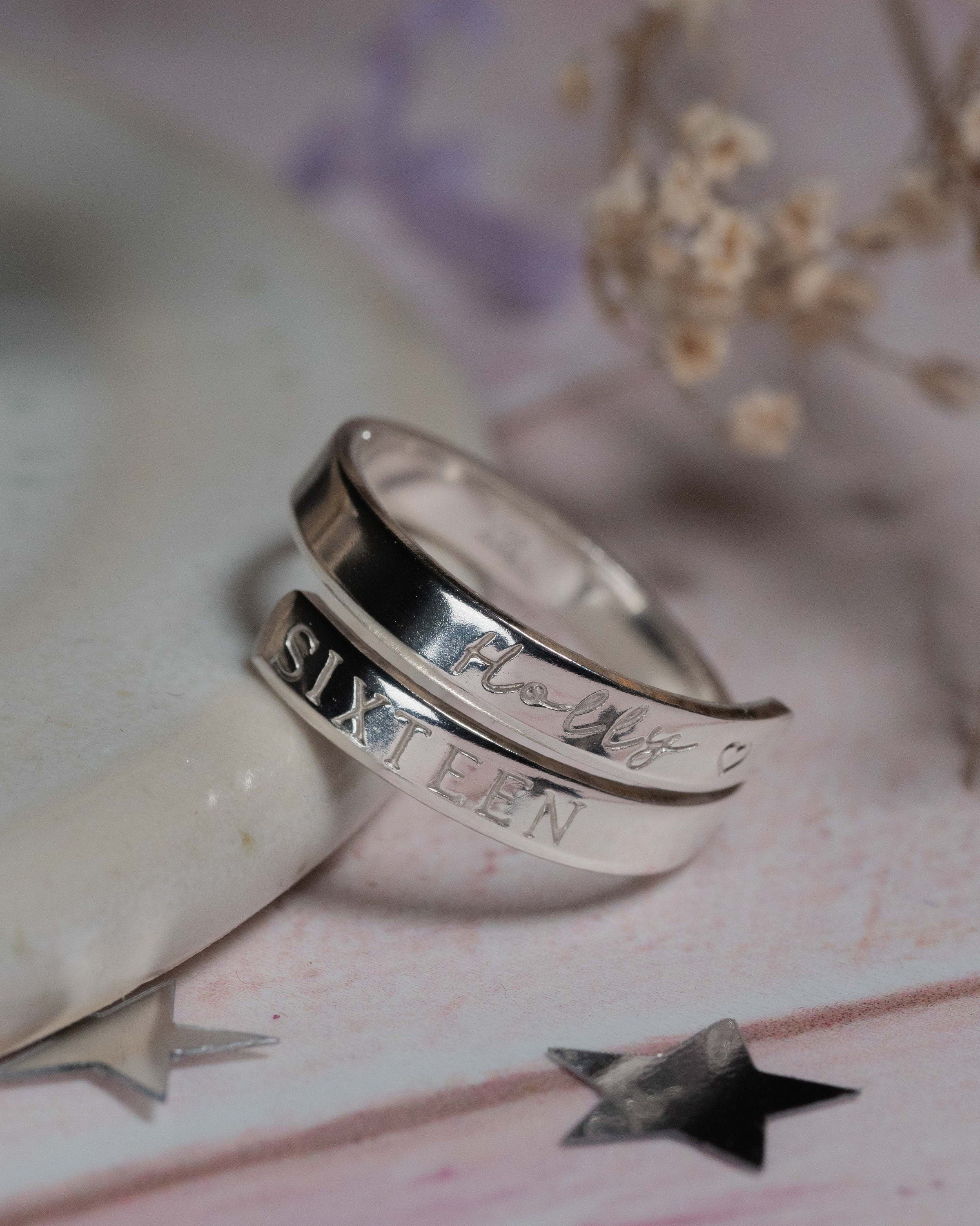 Sixteenth Birthday Custom Sterling Silver Adjustable Wrap Ring
