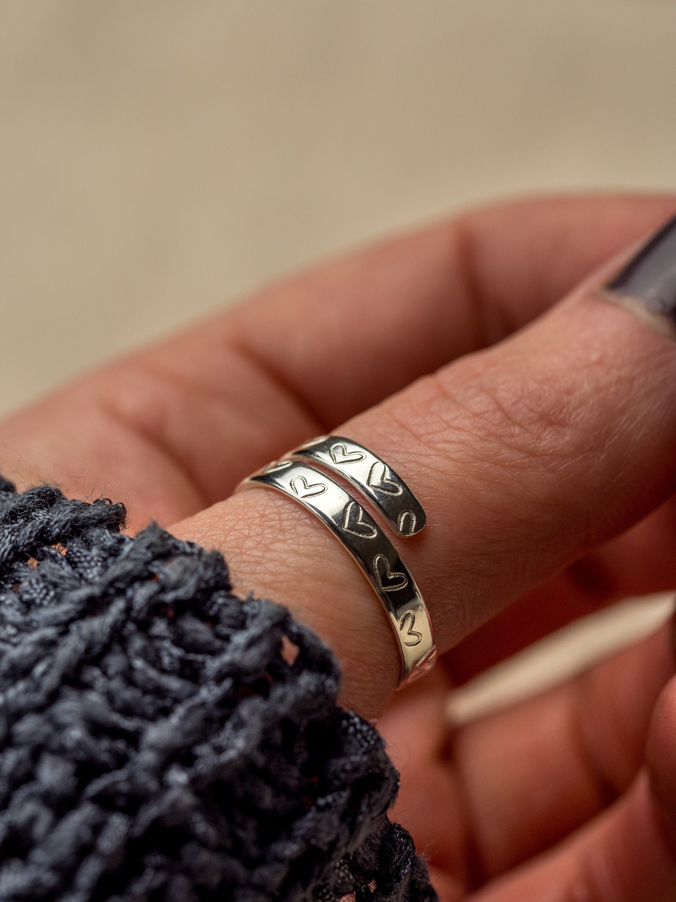 Heart Pattern Secret Message Sterling Silver Adjustable Wrap Ring
