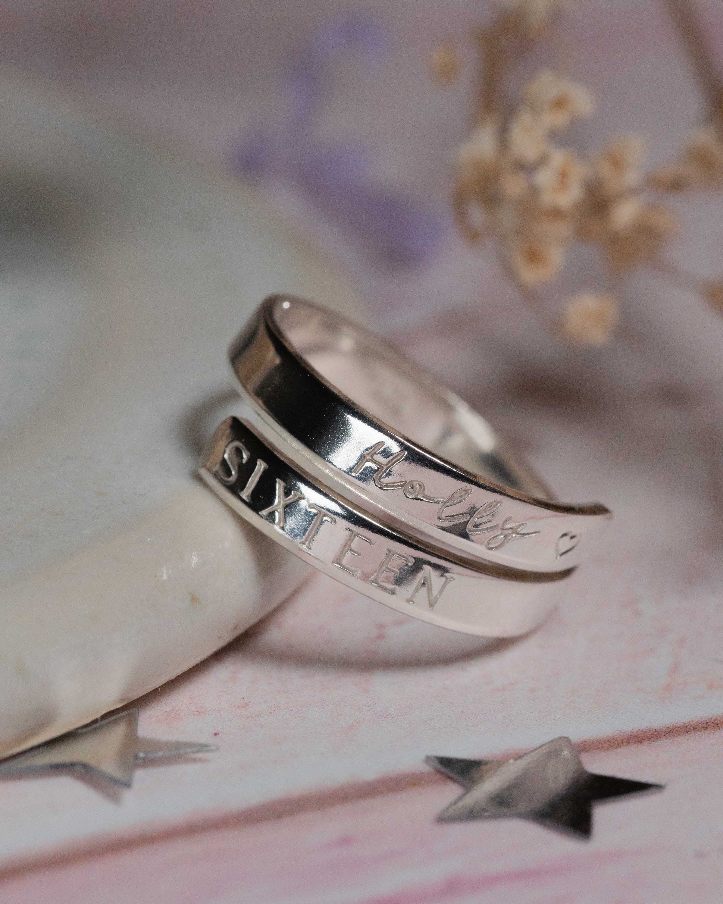 Sixteenth Birthday Custom Sterling Silver Adjustable Wrap Ring