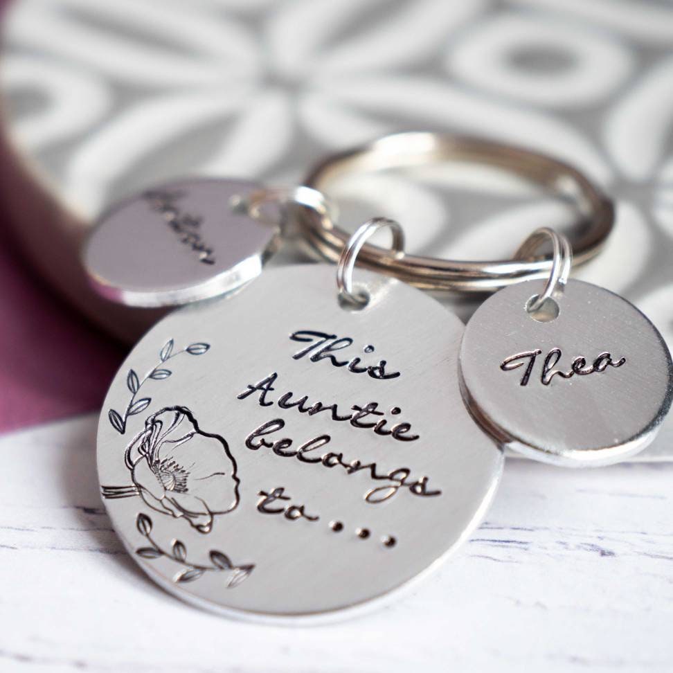 This Auntie belongs to.... personalised keyring Aunty stamped birthday gift like a Mum children names sister friend from nieces nephews