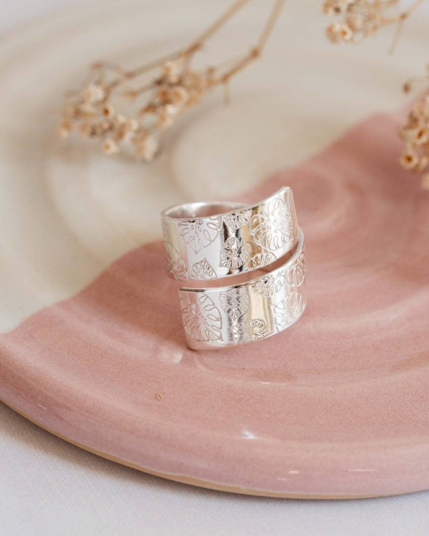 Monstera leaf Sterling Silver Chunky adjustable wrap ring