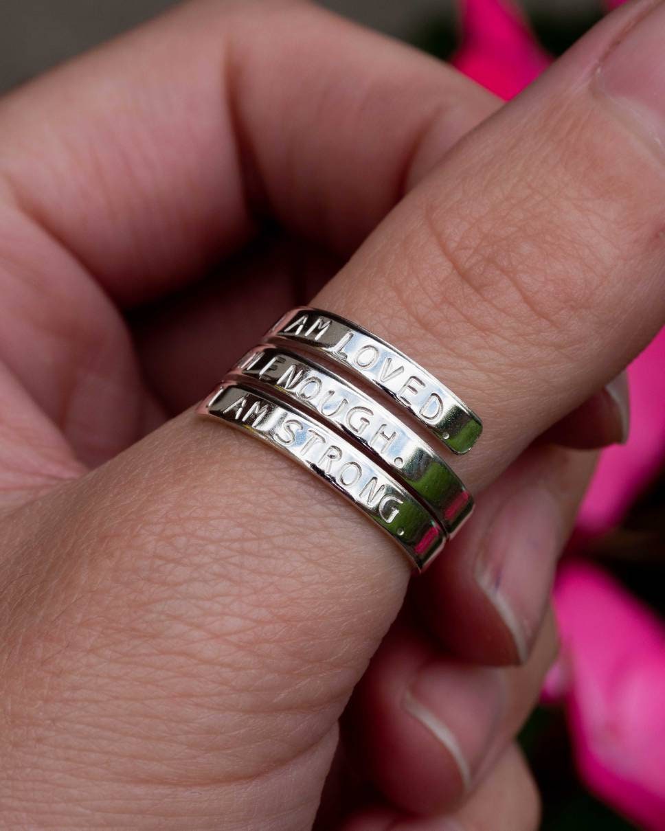 I am loved I am Enough I am strong Sterling Silver triple adjustable wrap ring