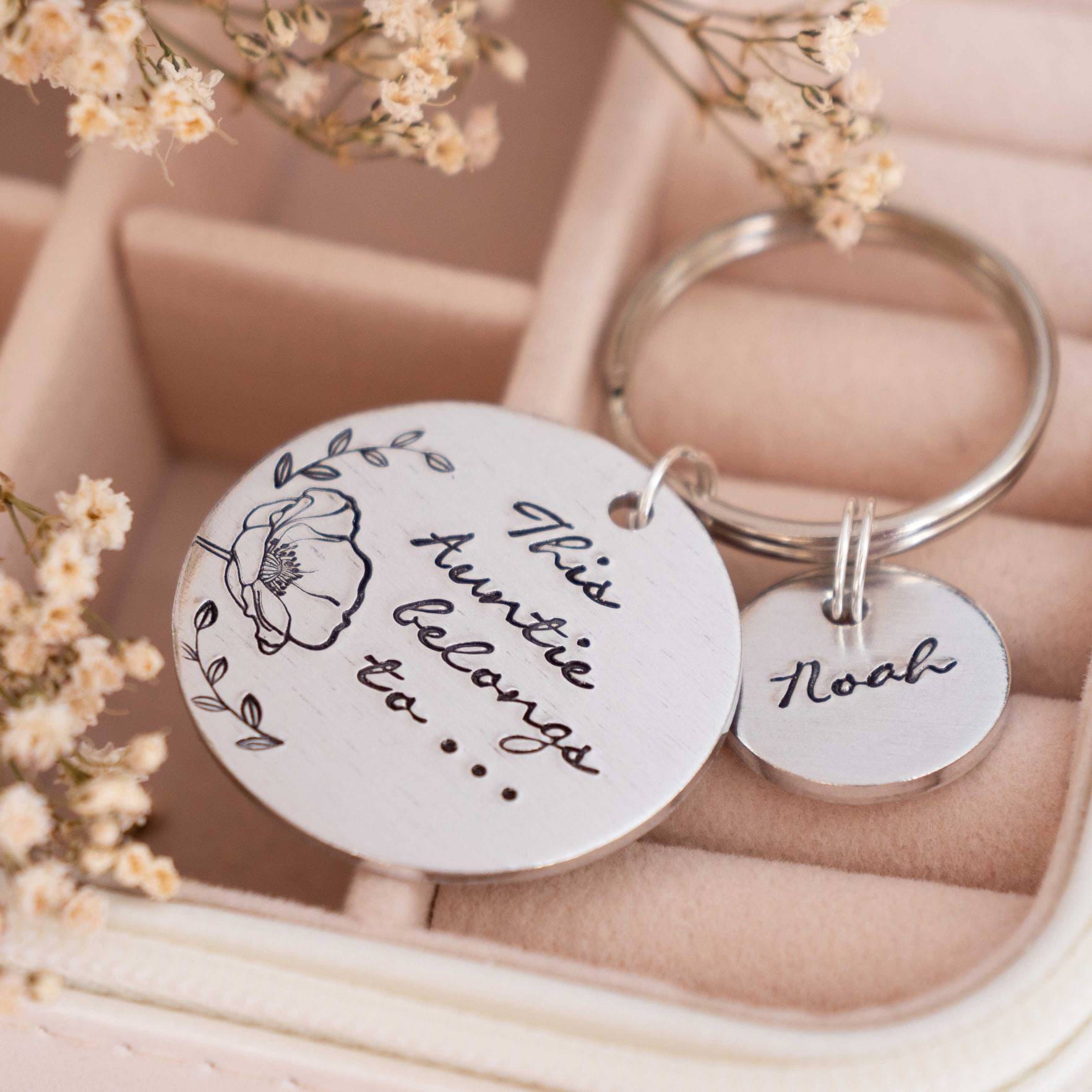 This Auntie belongs to.... personalised keyring Aunty stamped birthday gift like a Mum children names sister friend from nieces nephews