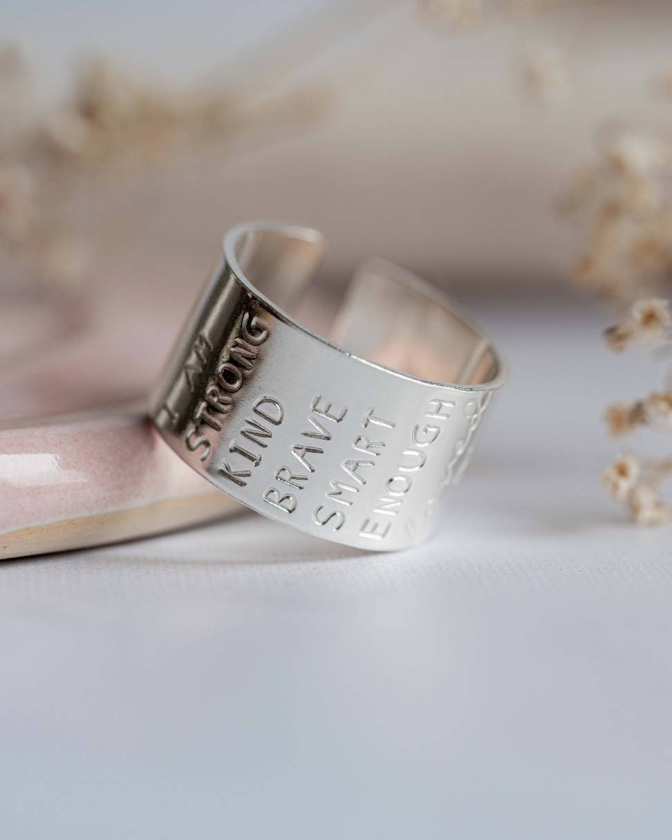 I am brave kind strong enough Sterling Silver adjustable open ring