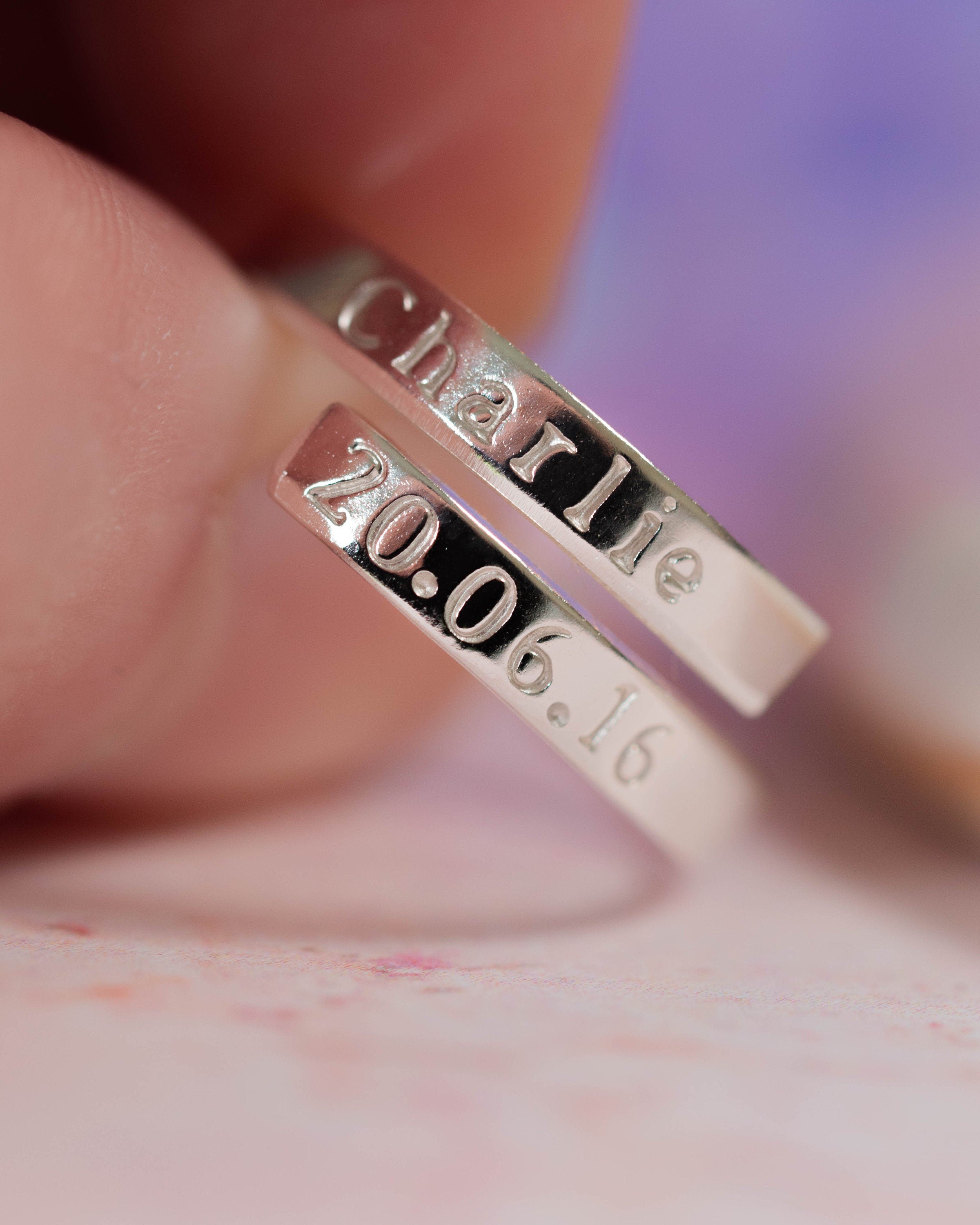 Custom Name & Date Sterling Silver Dainty Adjustable Wrap Ring
