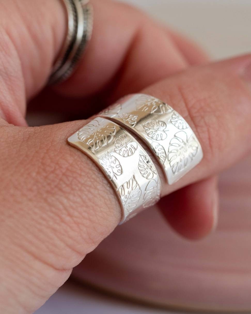 Monstera leaf Sterling Silver Chunky adjustable wrap ring