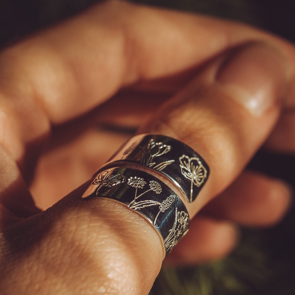 Sterling Silver chunky Wild Flowers adjustable wrap ring
