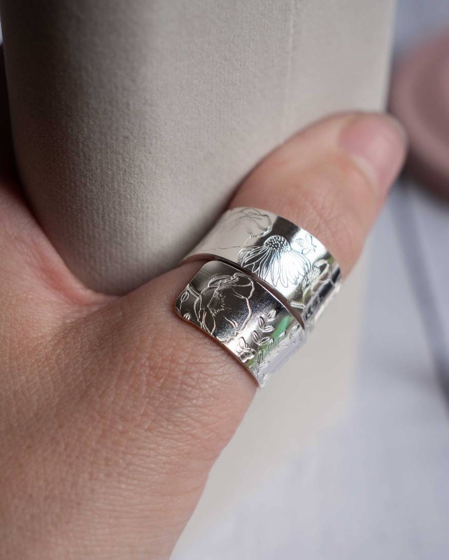 Chunky Floral Design Sterling Silver Adjustable Wrap Ring