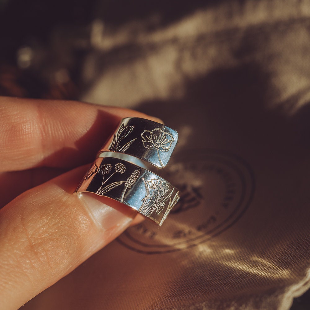 Sterling Silver chunky Wild Flowers adjustable wrap ring