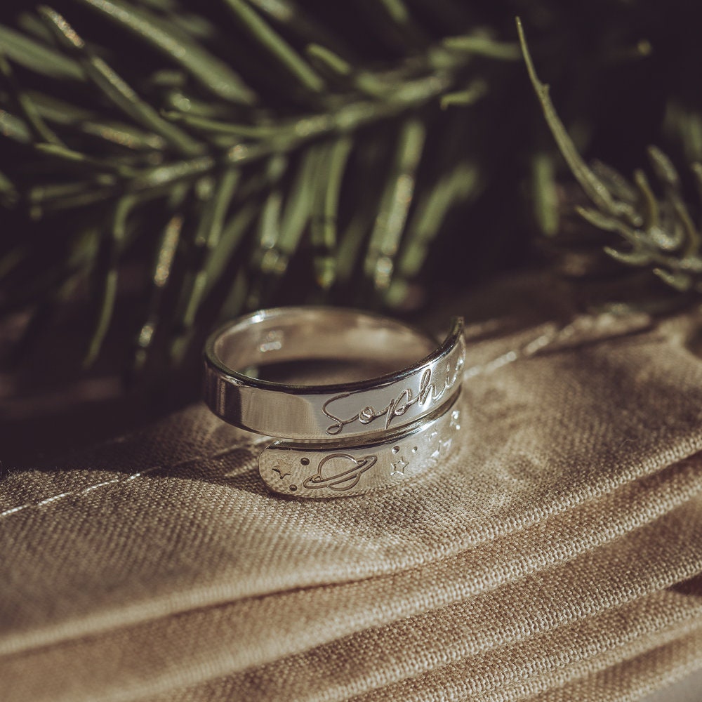Space Theme Personalised Sterling Silver Adjustable Wrap Ring