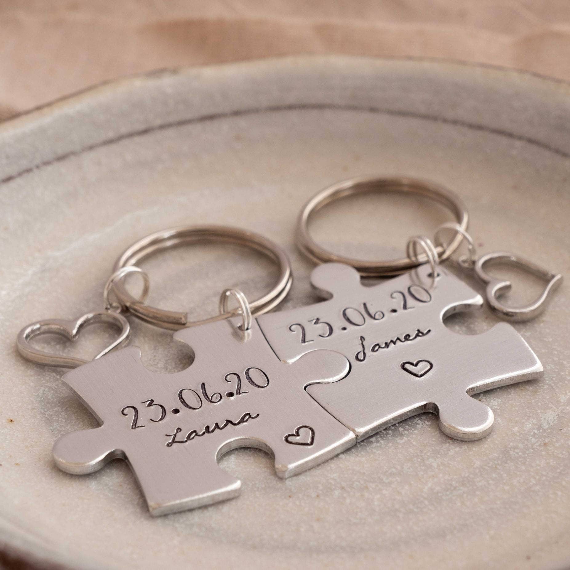 Puzzle piece keyring set dates names Valentines day couples anniversary wedding gift present boyfriend girlfriend for him birthday jigsaw