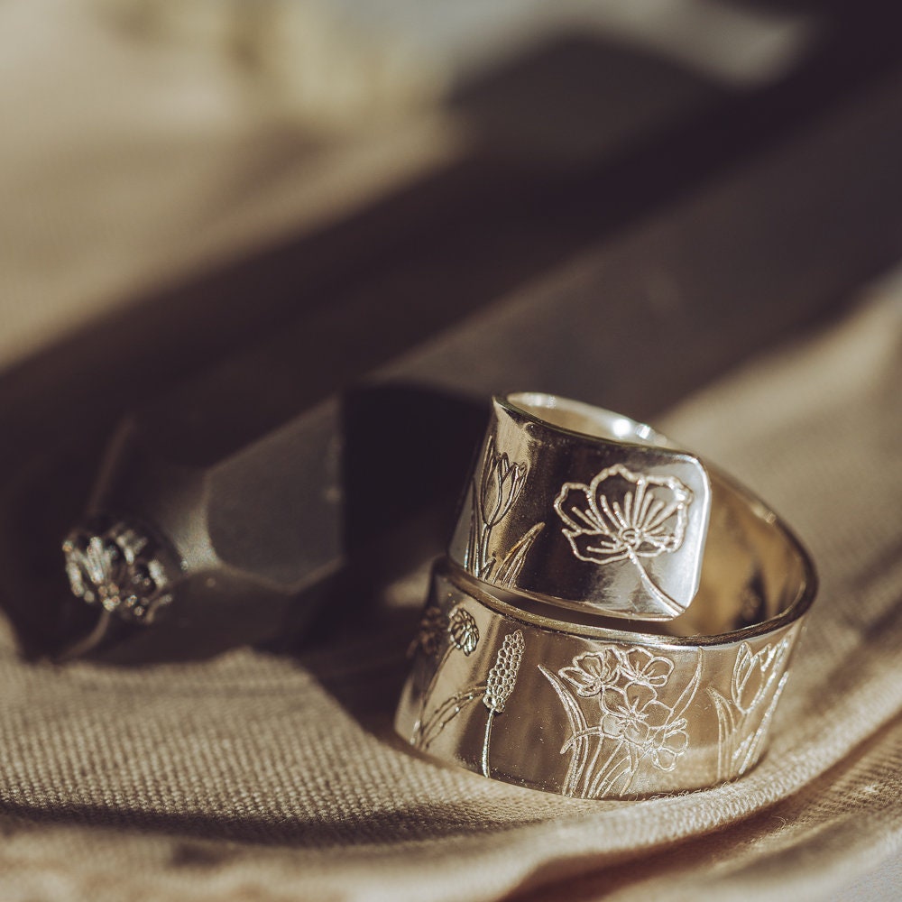 Sterling Silver chunky Wild Flowers adjustable wrap ring