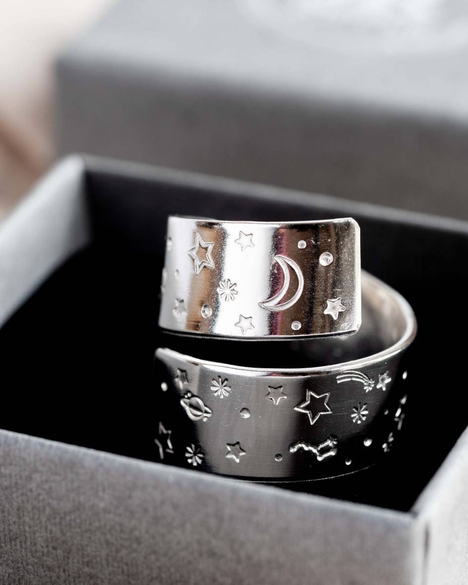 Sterling Silver Chunky Moon and Stars design adjustable wrap ring