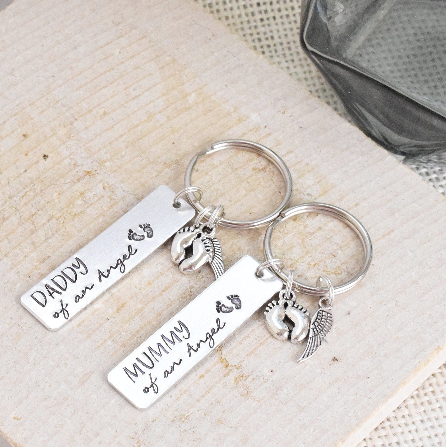Mummy and Daddy of an angel keyring set remembrance in memory keepsake guardian baby still born footprints heart miscarriage baby loss