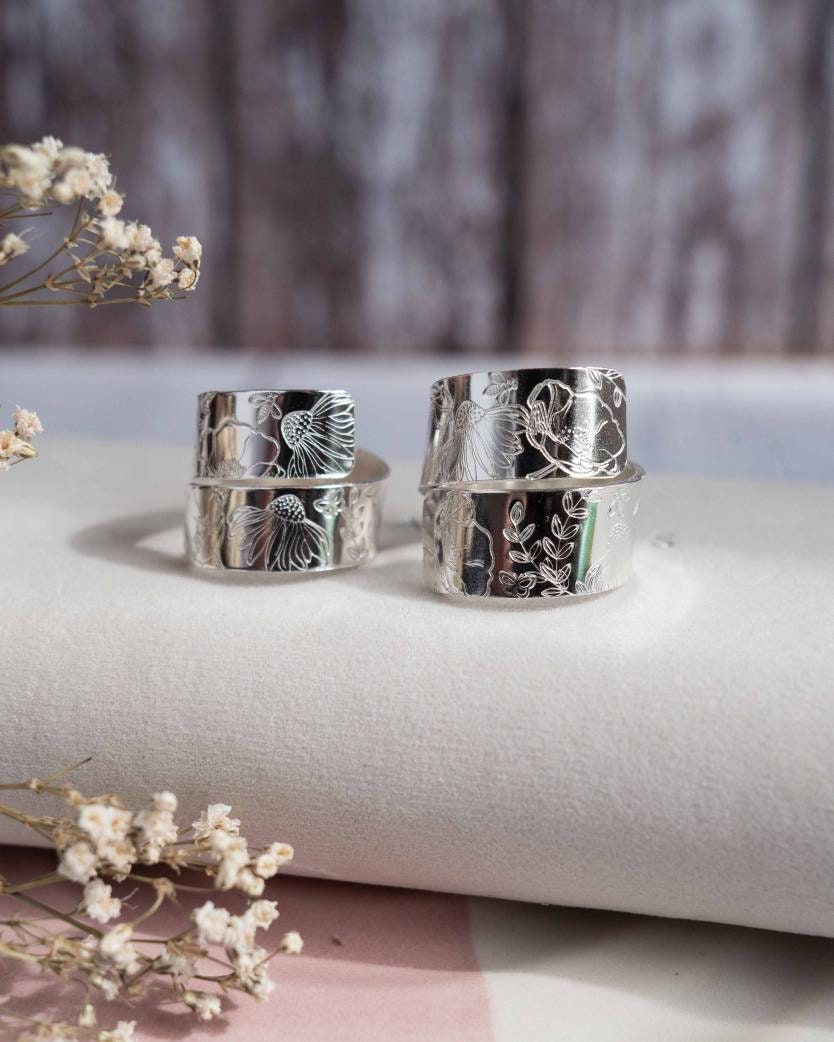Chunky Floral Design Sterling Silver Adjustable Wrap Ring