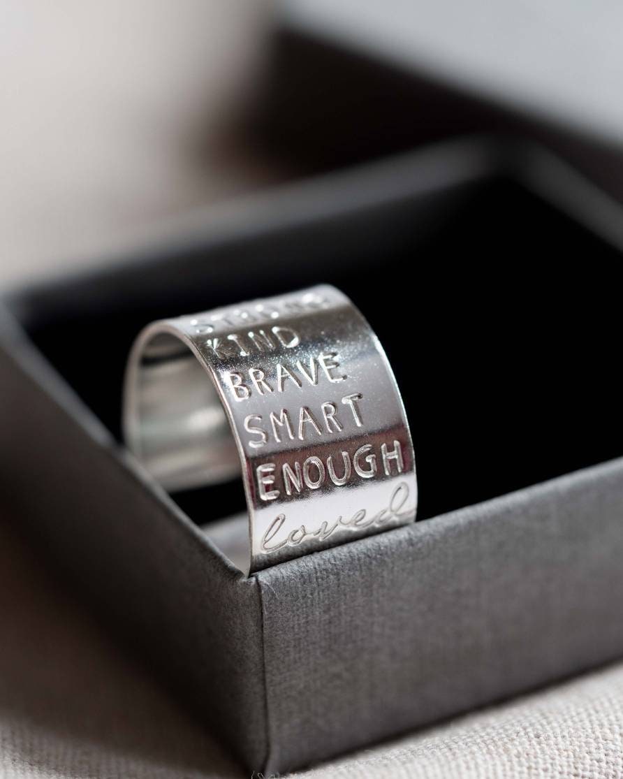 I am brave kind strong enough Sterling Silver adjustable open ring