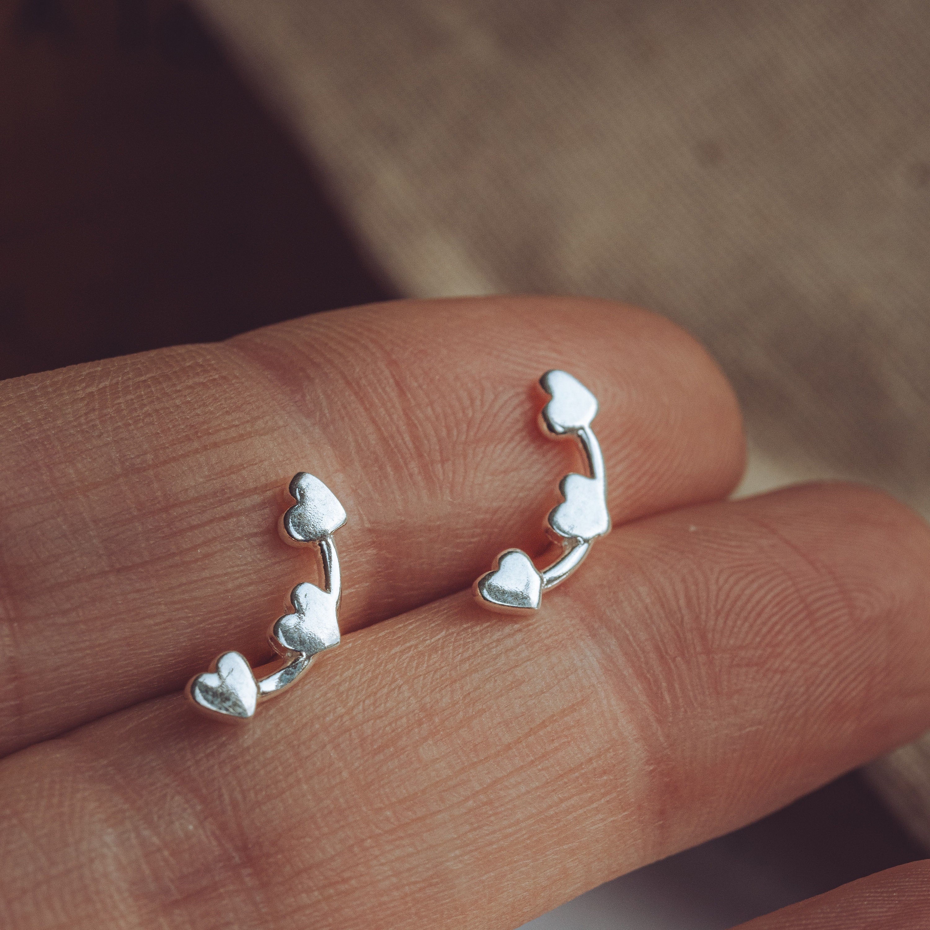Valentines Sterling Silver Heart creeper earrings crawler climber studs .925 present gift birthday for her dainty jewellery love fashion mum