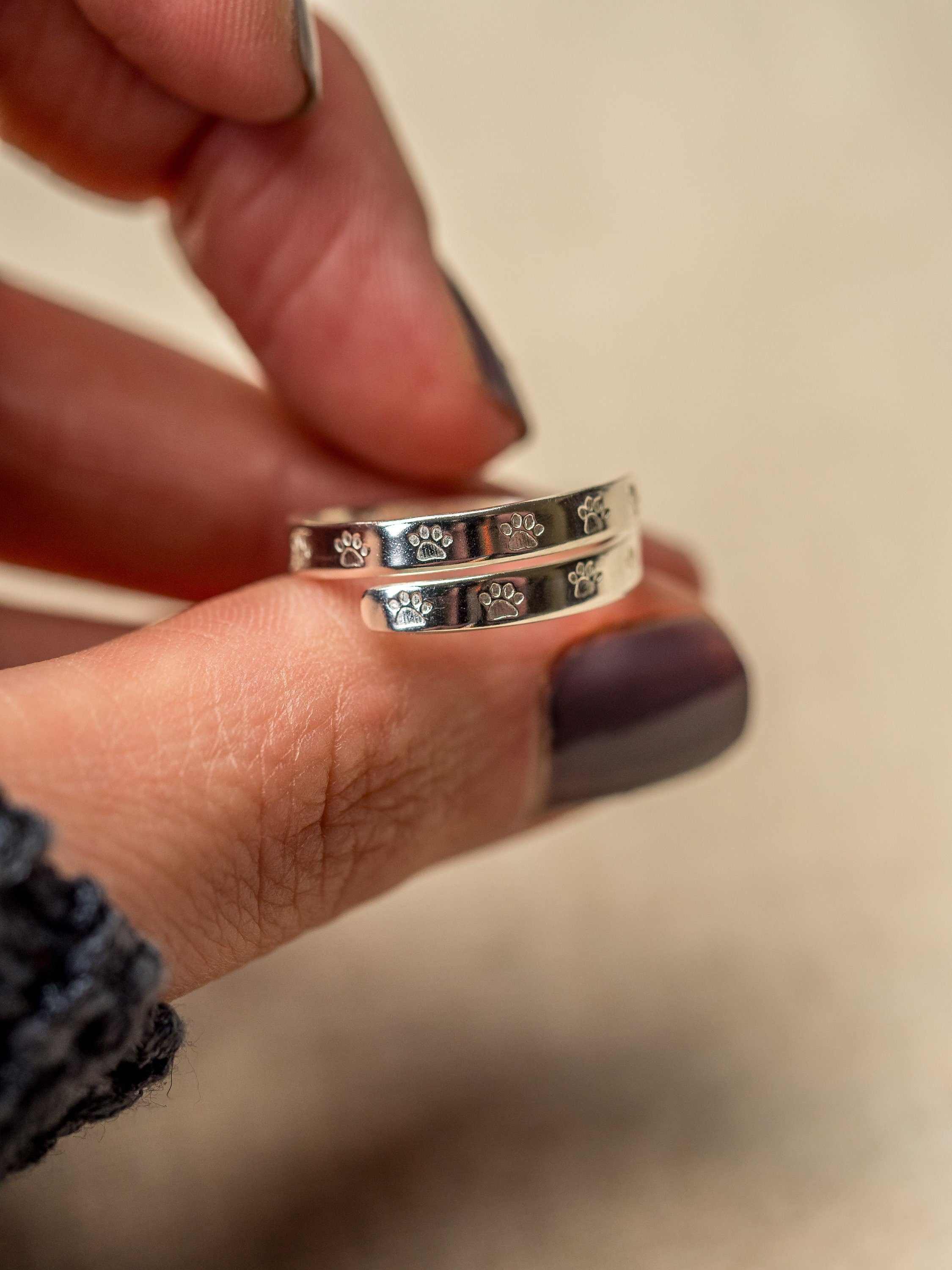 Paw Print Pet Name Sterling Silver Adjustable Wrap Ring