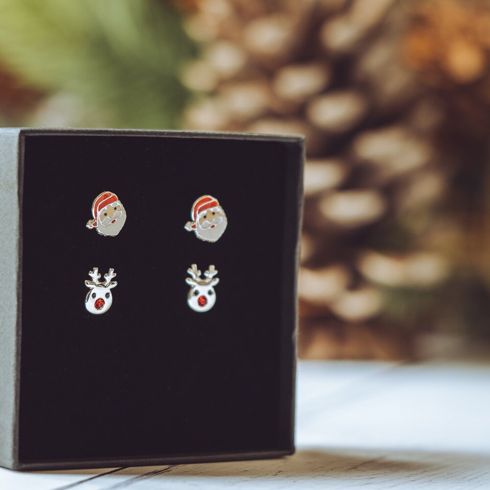 Sterling Silver enamal Santa Studs Christmas earrings 925 present gift for her novelty xmas for her friend mum festive father christmas