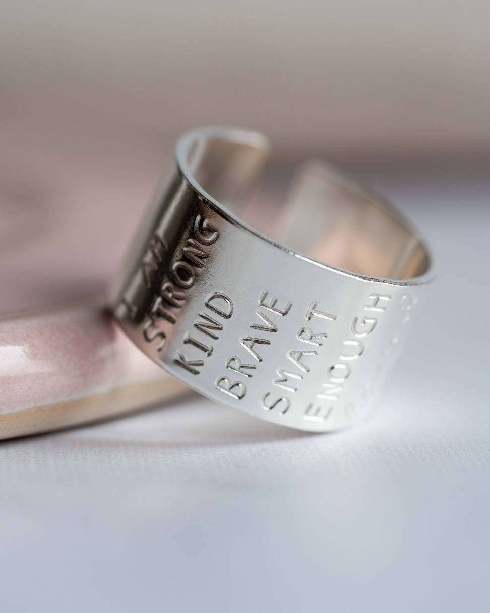 I am brave kind strong enough Sterling Silver adjustable open ring