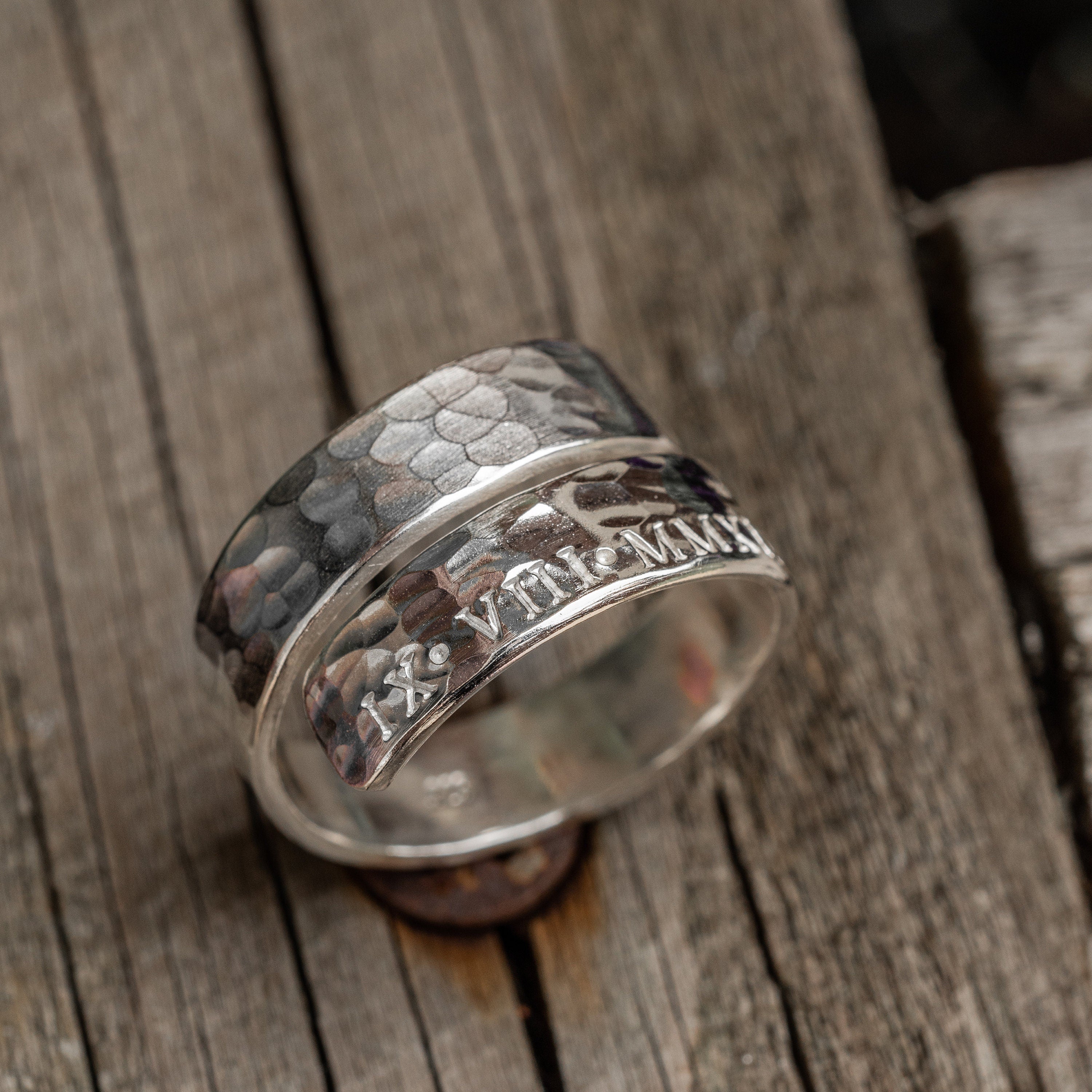 Mens Roman Numerals .925 Sterling Silver adjustable wrap ring