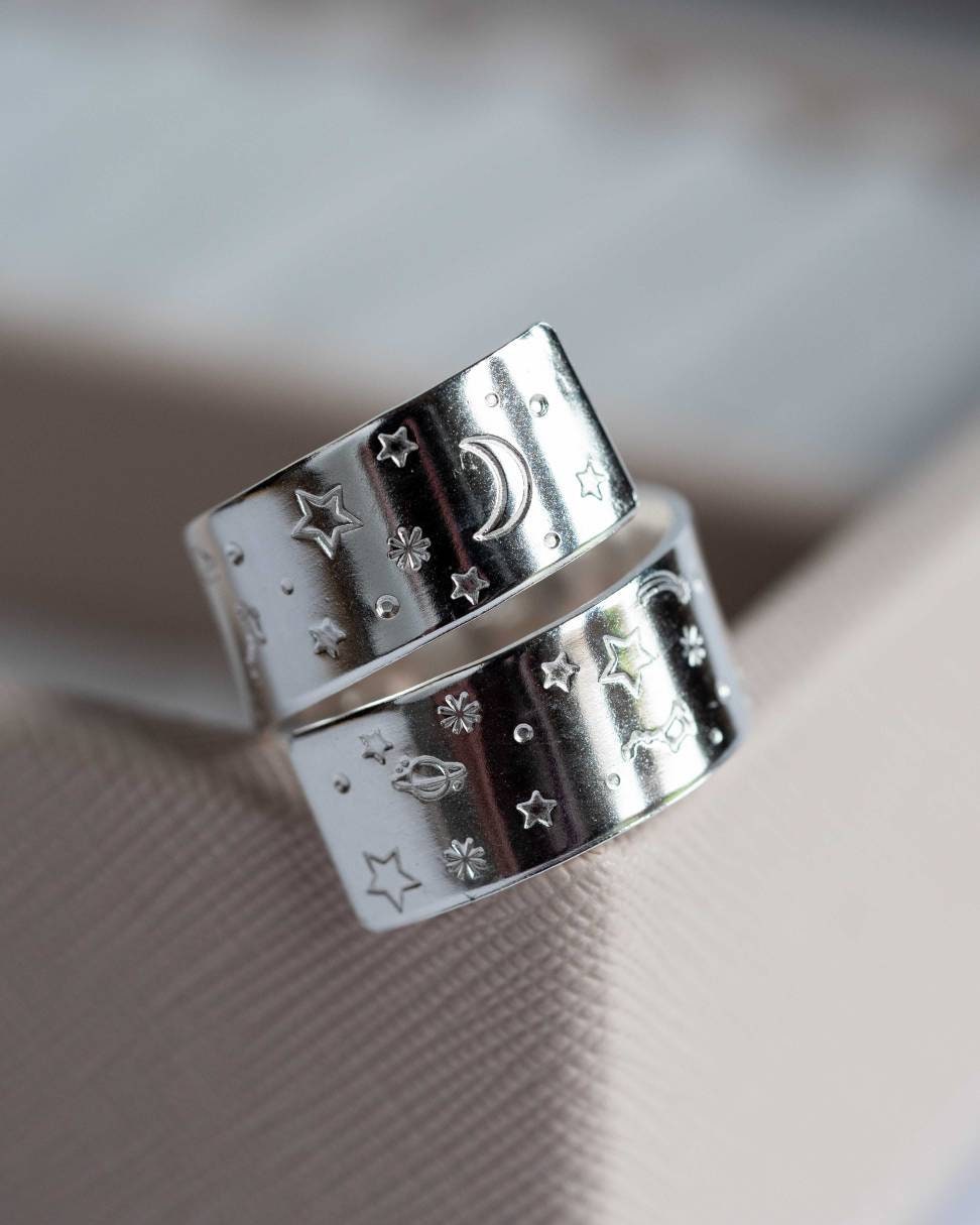 Sterling Silver Chunky Moon and Stars design adjustable wrap ring