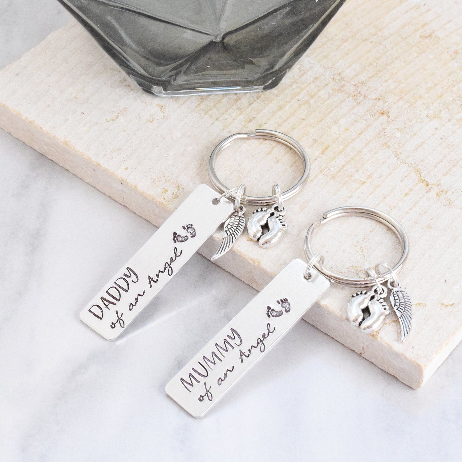 Mummy and Daddy of an angel keyring set remembrance in memory keepsake guardian baby still born footprints heart miscarriage baby loss