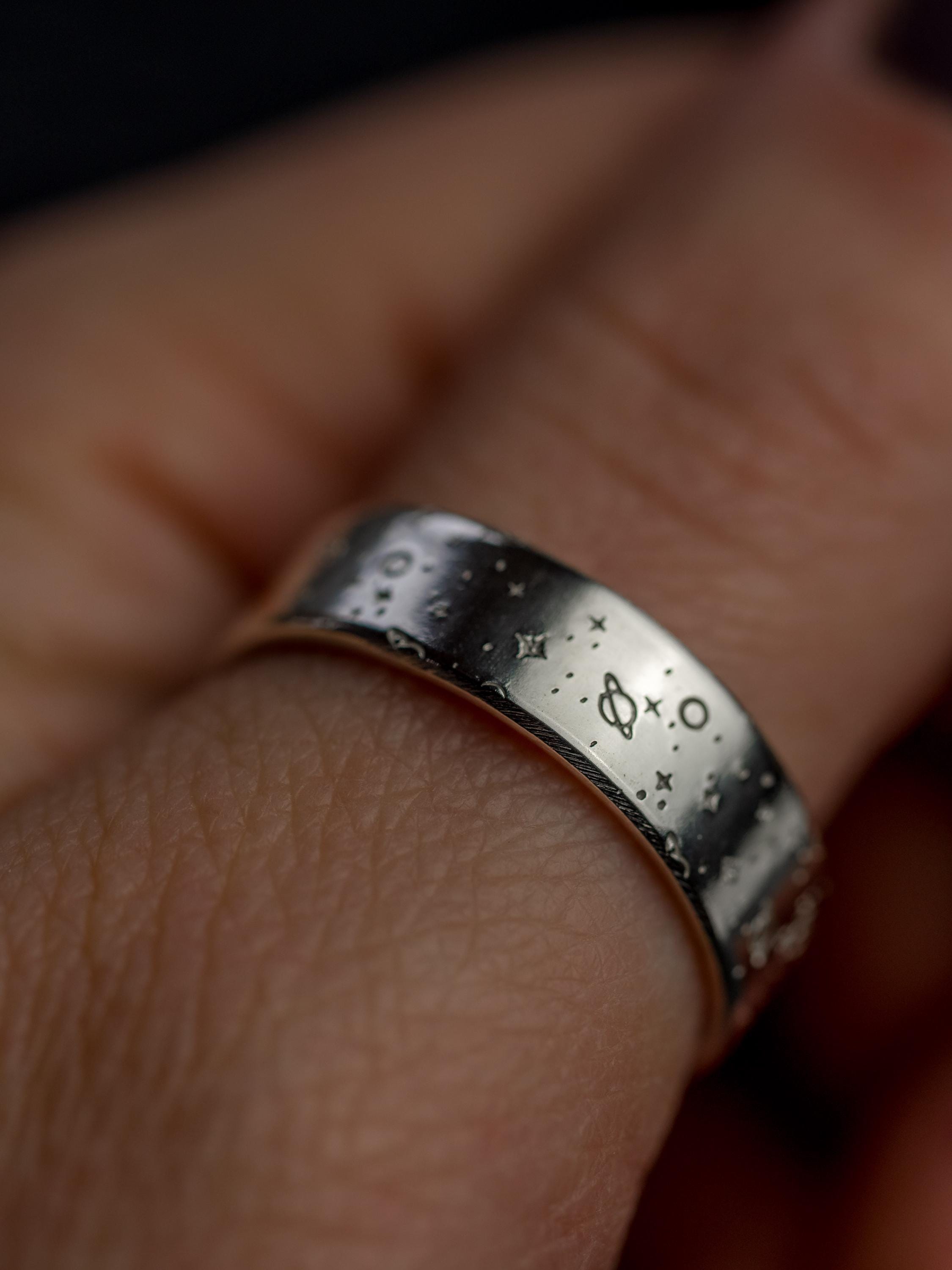 Men’s space themed personalised sterling silver adjustable ring Valentine’s Day birthday gift anniversary for him partner solar system stars